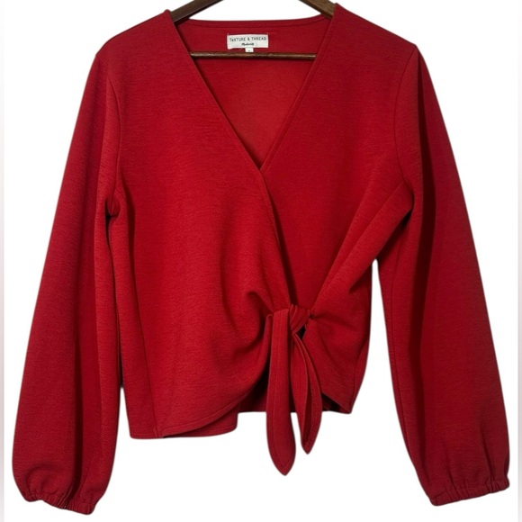 Madewell Texture & Thread Crimson Red Crepe Wrap Top Size L Long Balloon Sleeve - Picture 2 of 10